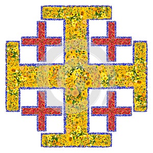 Jerusalem Cross .also known as the Crusader`s Cross isolated from flowers