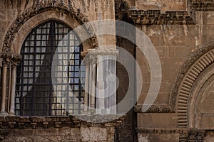 Jerusalem holy land ancient city christian church religion architecture building background of stone wall and arch window