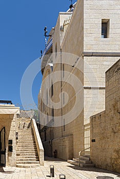 Jerusalem Israel 12-052019 View of a small square with stone steps up in the Jewish Quarter in Jerusalem, near the wailing wal