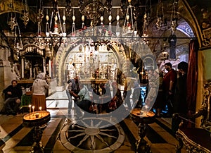 Jerusalem / Israel - 2017/10/11: Church of the Holy Sepulchre interior with Chapel of Calvary or Golgotha Chapel in Christian