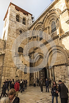 Jerusalem, Israel, January 29, 2020: Facade of the Basilica of the Holy Sepulcher in Jerusalem,  with a ladder immobilized years