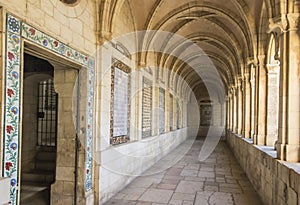 JERUSALEM, ISRAEL - January 30, 2020; The gothic corridor of atrium in Church of the Pater Noster on Mount of Olives. Israel
