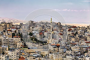 Jerusalem, Israel - May 2023. Al-Issawiya, Palestinian neighborhood in East Jerusalem. Panorama of the city and the modern mosque