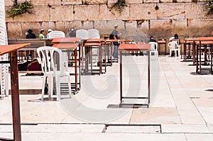 Prayer table standing near the Western Wall, holy place, the last remains of Jewish Temple in Jerusalem, Israel