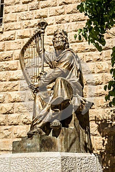 The statue of King David playing the harp in Jerusalem, Israel
