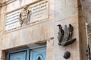 The first station of the Cross Procession on the wall in Lions Gate Street near the Lions Gate in the old city of Jerusalem, in photo