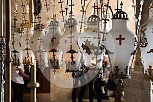 Jerusalem, Israel October 16, 2019: Interior of the Church of the Holy Sepulchre, Holy vessels