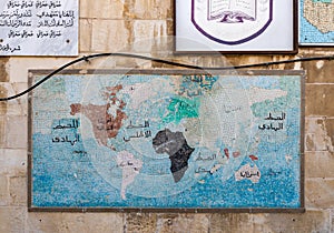 Mosaic map of the world hanging on the wall in the Arab school on Via Dolorosa in the old city of Jerusalem in Israel