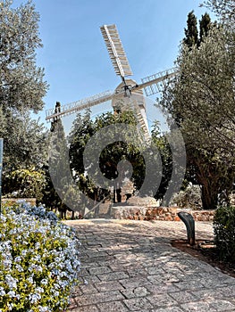 Stone windmill located in the Montefiore neighborhood of Jerusalem, Israel