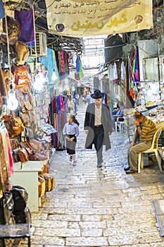Jerusalem, Israel 09/11/2016: Shopping street in the old city. The path of Jesus