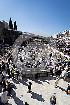 Top view of the Western Wall in the morning prayer, early in the morning on Passover,