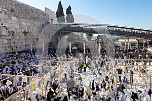 Top view of the Western Wall during the morning prayer on Passover,