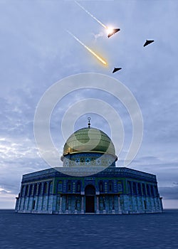 Jerusalem, Israel: view of the Dome of the Rock and the iron dome. Drones flying at night.