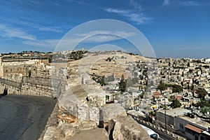 Jerusalem Israel, View from the old wall over the landscape of the old city of Jerusalem, in the distance Mount Zion