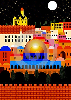 Jerusalem at night. Geometric illustration of the Holy City of Jerusalem.