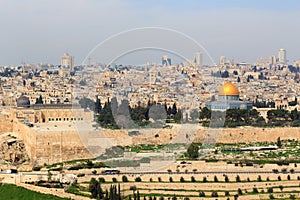 Jerusalem Old city cityscape panorama with Dome of the Rock with gold leaf and Al-Aqsa Mosque on Temple Mount and Rotunda of