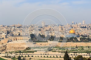 Jerusalem Old city cityscape panorama with Dome of the Rock with gold leaf and Al-Aqsa Mosque on Temple Mount and Rotunda of