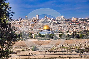 Jerusalem old town skyline with the dome of the rock in the center