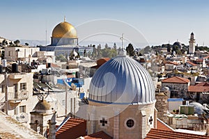 Jerusalem panoramic roof view to christians, jewish and muslims sacred places