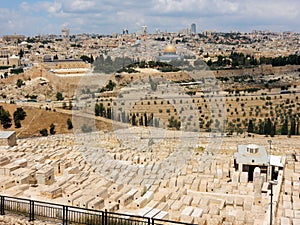 Jerusalem, View of Jewish Cemetery and Old City with city walls, Golden Dome of the Rock, Israel
