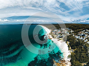 Jervis bay Panorama Aerial Drone Picture of the white sand Hyams beach in New South Wales, Australia