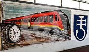 QPainting of a Red train in the Jesenice railway station photo