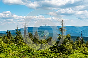 Jeseniky mountains with highest Praded hill from Spaleny vrch hill in Czech republic