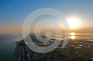 Jesolo Lido, Europe beach and city area of city of Jesolo in the province of Venice, Aerial View evening