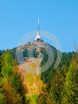 Jested - unique architectural building. Hotel and TV transmitter on the top of Jested Mountain, Liberec, Czech Republic