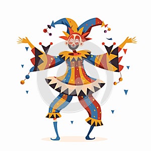 Jester dancing joyfully, colorful costume, harlequin performing carnival, entertainer. Happy clown photo