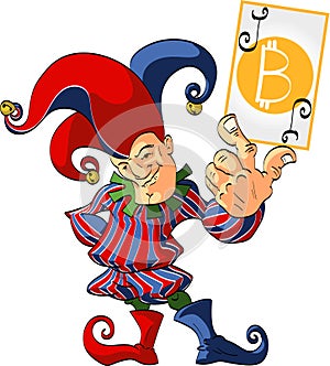 Jester holding a winning bitcoin joker card.