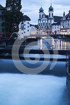 Jesuit Church and Reuss River. Lucerne, Switzerland