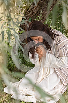 Jesus in agony praying in the garden of olives