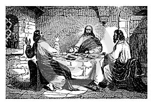 Jesus Appears to Cleopas and Another Disciple at Dinner vintage illustration