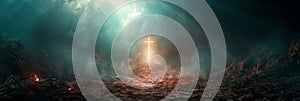 Jesus as a beacon of hope, radiating light and salvation to humanity in times of darkness. Generative AI