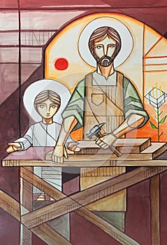 Jesus as child and Saint Joseph working as carpenters