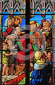 Jesus blesses the children, stained glass windows in the Saint Eugene - Saint Cecilia Church, Paris