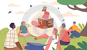 Jesus Character Sharing The Teachings Of The Holy Bible With Children On A Sunny Summer Field, Vector Illustration
