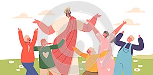 Jesus And Children Playing And Celebrating In A Beautiful Field, With Laughter, Joy, And Pure Happiness, Illustration