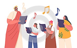 Jesus And Children Sing Chorals With Notes In Hands, Spreading Joy And Harmony. Melodies, Vector Illustration