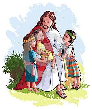 Jesus with children vector christian illustration