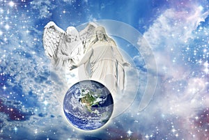 Jesus Christ with beautiful angel like a hope, protection, love and peace concept