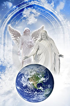 Jesus Christ with beautiful angel like a hope, protection, love and peace concept