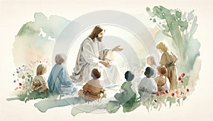 Jesus Christ Blesses Little Children. Watercolor Biblical Illustration photo