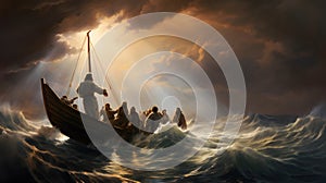 Jesus Christ on the boat calms the storm at sea