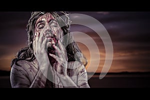 Jesus Christ calvary, man bleeding, representation of passion wi