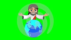 Jesus Christ cartoon open arms over the Earth Planet isolated on green screen. The savior of the world