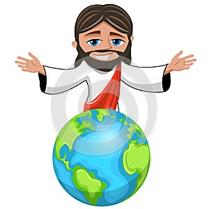 Jesus Christ cartoon open arms over the Earth Planet isolated on white. The savior of the world