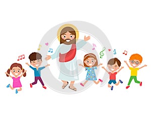 Jesus Christ and children sing songs and rejoice. Sunday school for kids