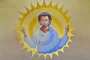 Jesus Christ in the church - mural painting - orthodox Monastery Bujoreni, landmark attraction in Romania